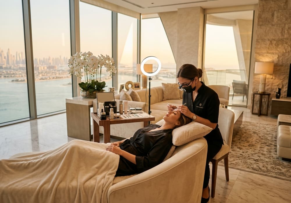 Private beauty concierge session in an ultra-premium Palm Jumeirah villa overlooking the Arabian Gulf