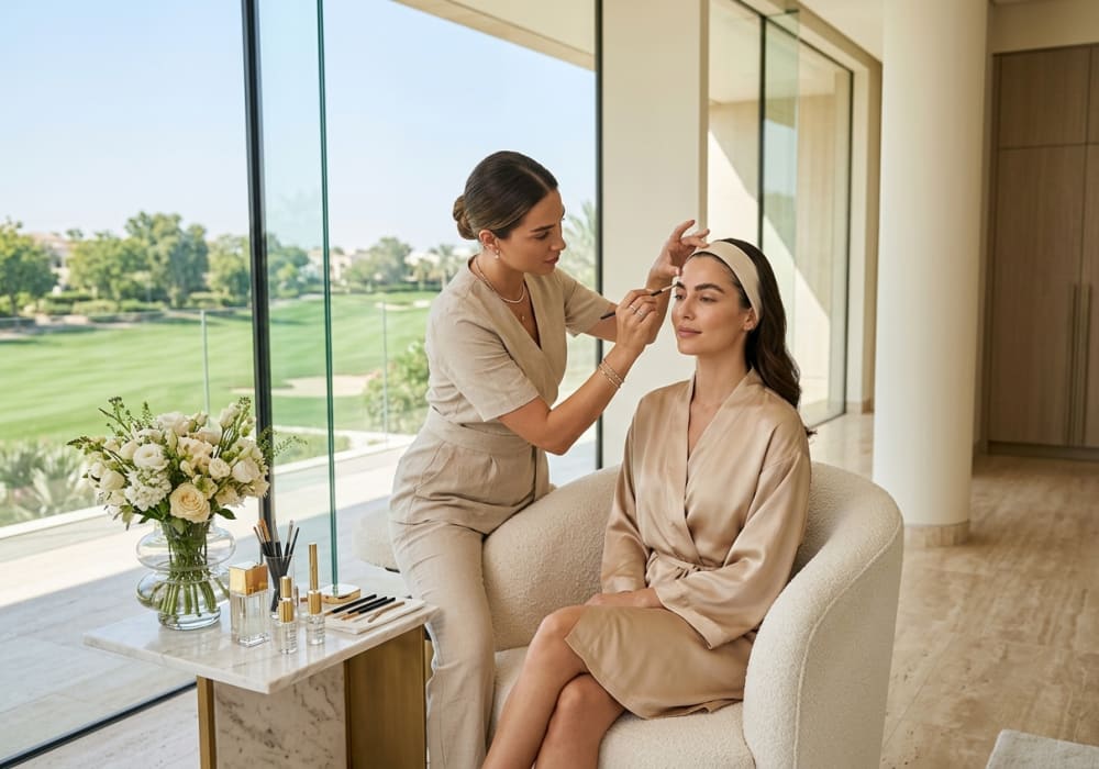 Private in-mansion luxury beauty and brow session in Emirates Hills overlooking the golf course
